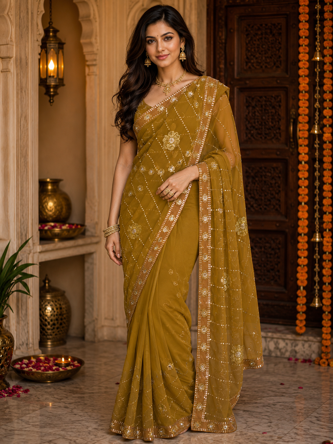 Bollywood désigner sari moutarde sans blouse
