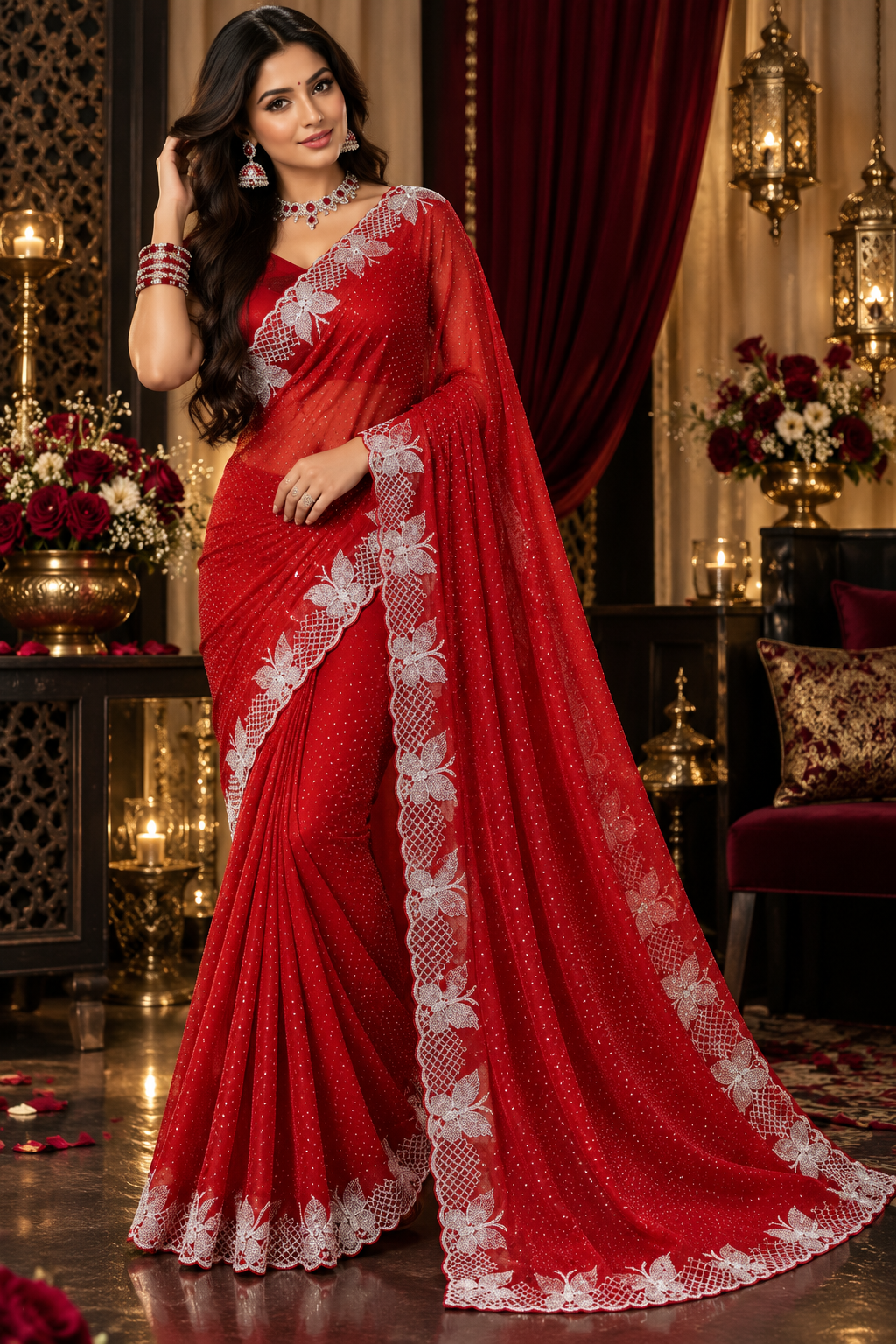 Bollywood désigner sari rouge georgette avec des pierres argenté