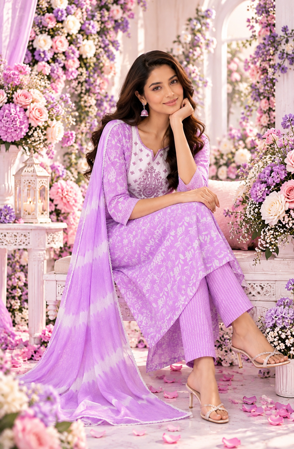 Bollywood désigner salwar kameez violet et blanc taille L coton