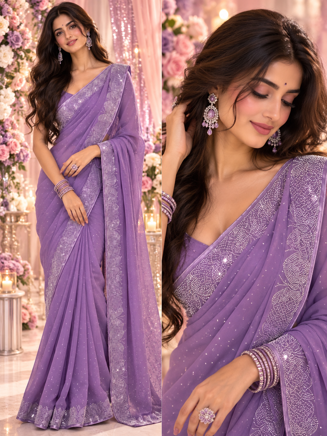 Indian désigner sari lila et argenté Image principale du produit