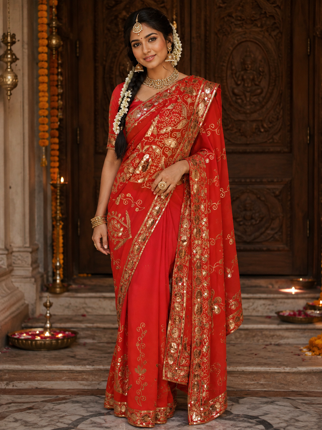 Bollywood désigner mariage sari rouge sans blouse Image principale du produit