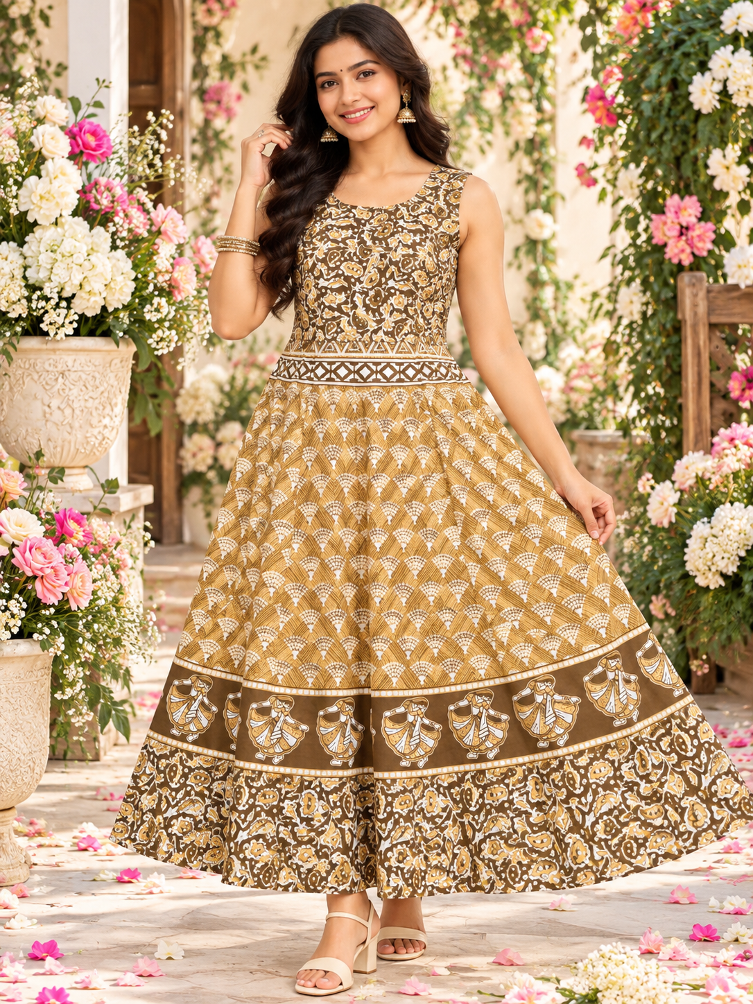 Bollywood désigner robe coton beige vert kaki
