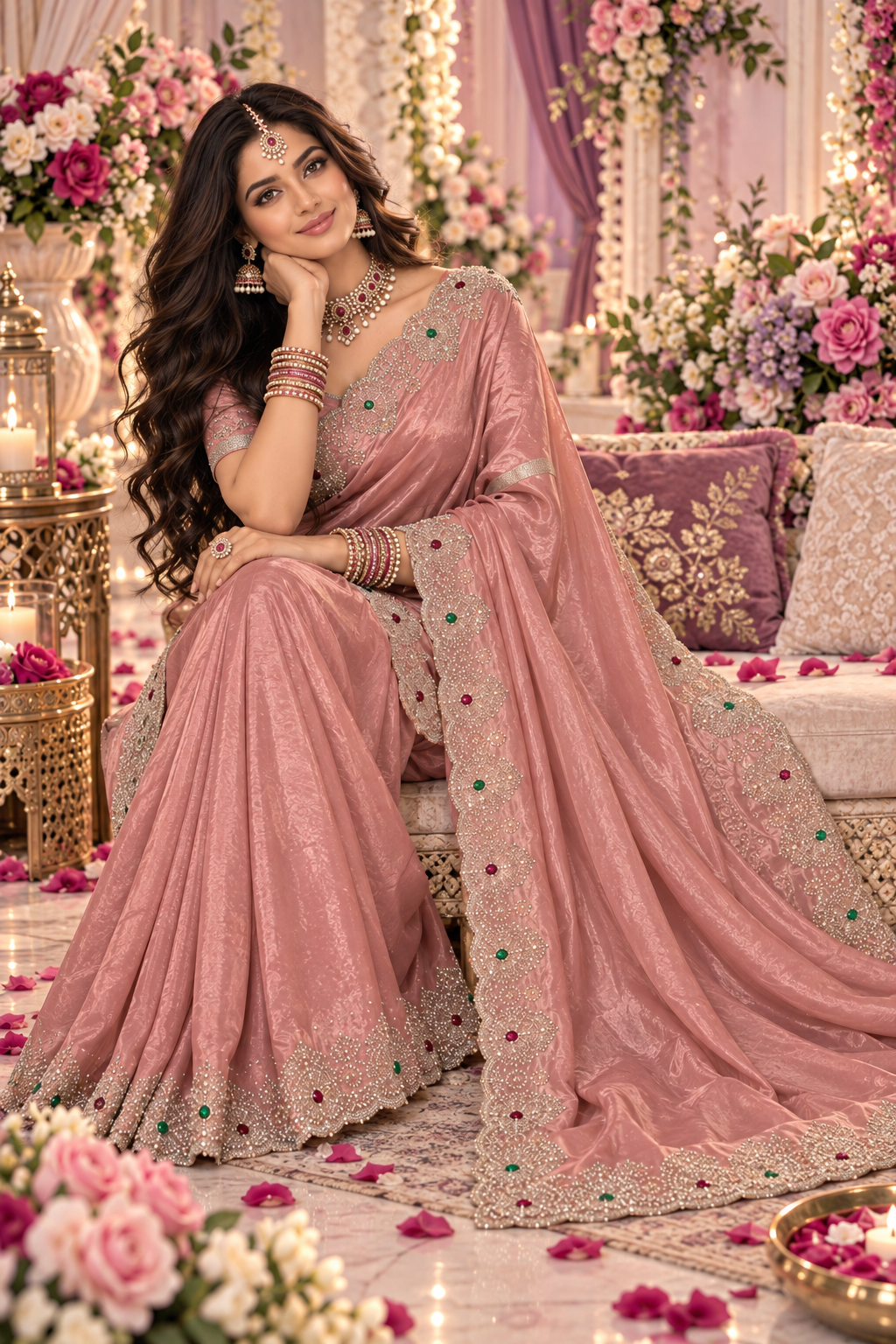 Bollywood désigner sari rose avec des pierres georgette Image secondaire du produit
