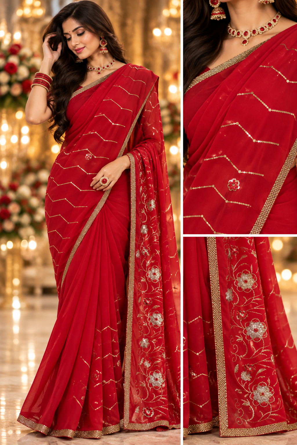 Indian sari rouge avec sequins sans blouse Image secondaire du produit