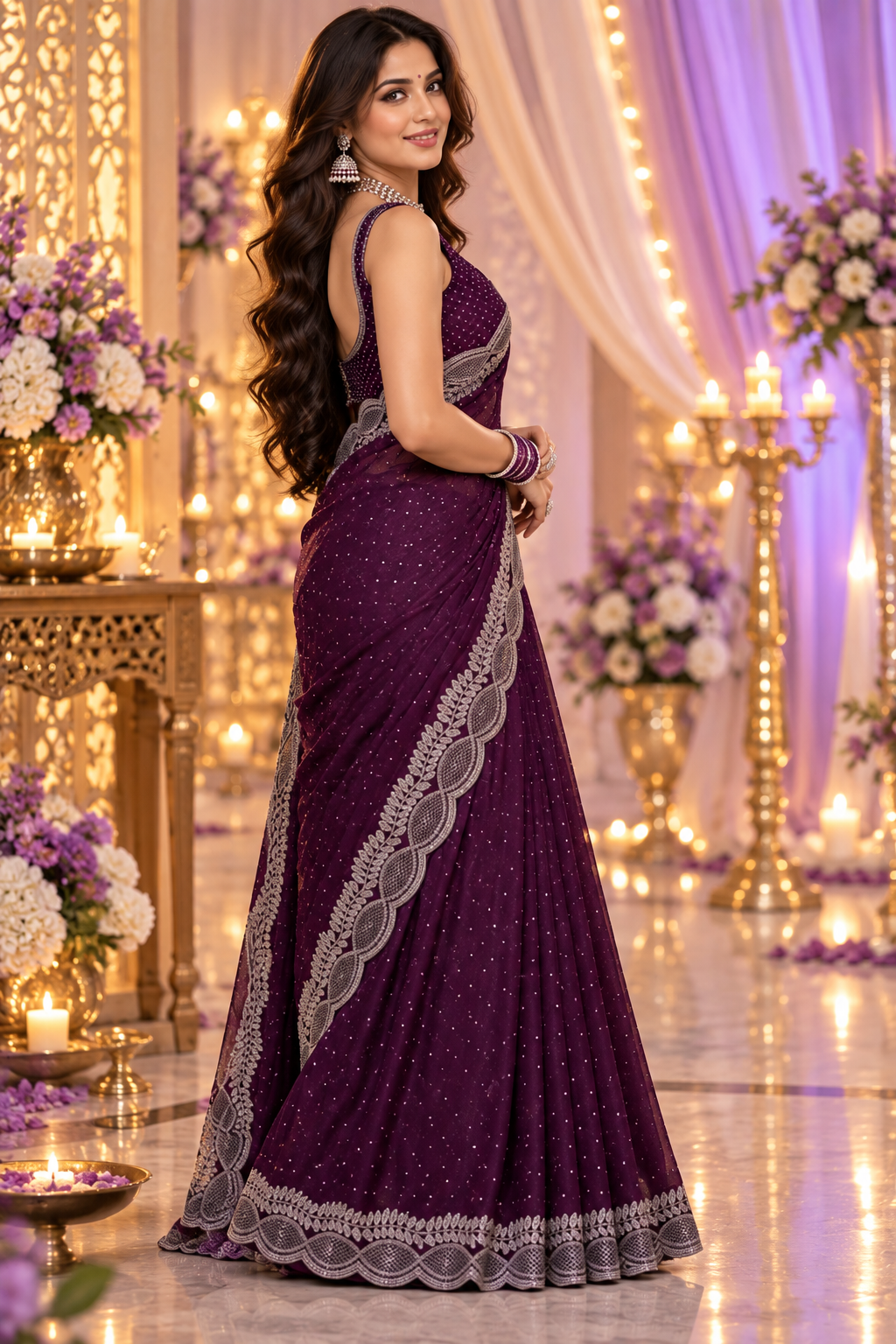 Bollywood désigner sari violet georgette brodé avec des pierres argenté