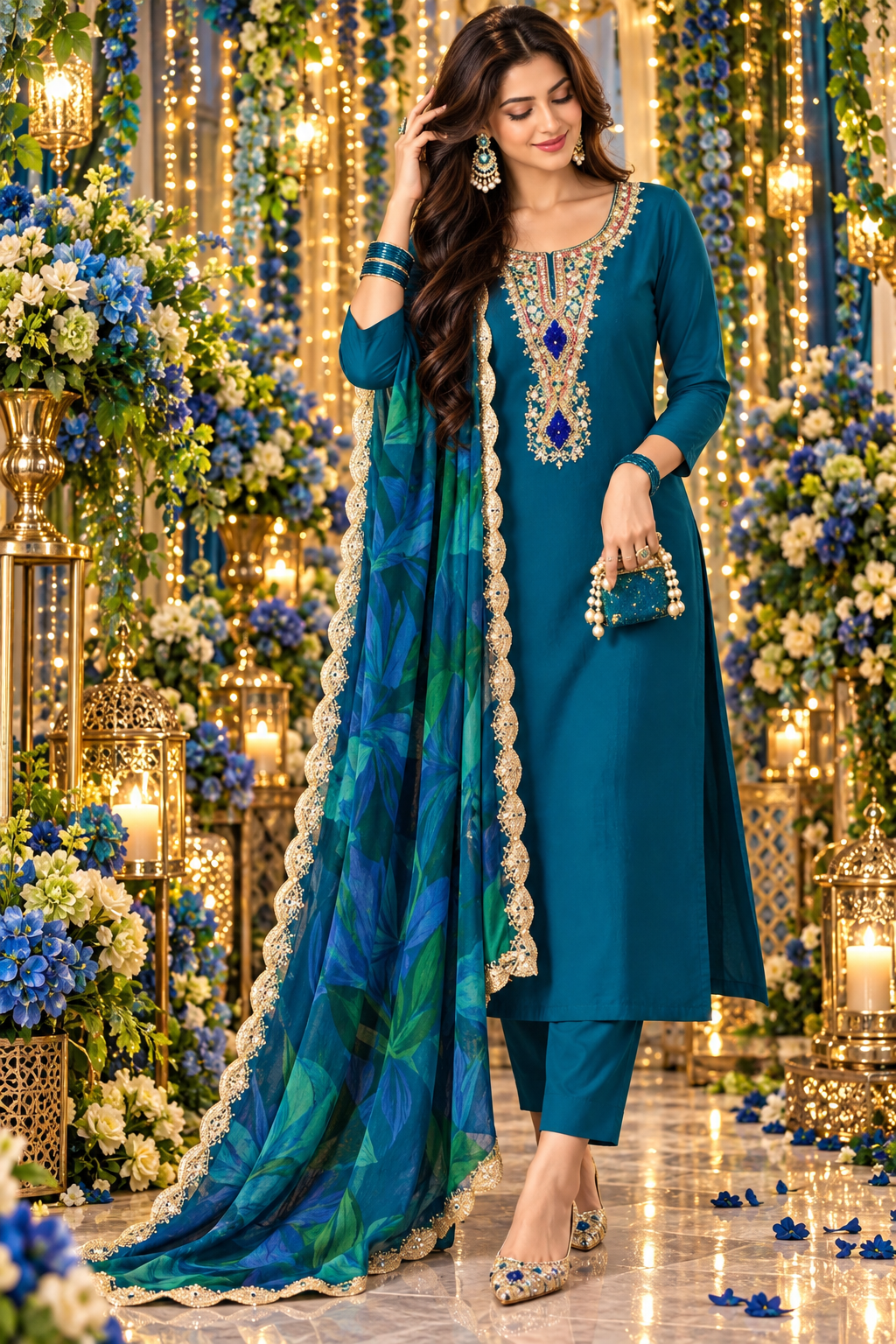 Bollywood désigner salwar kameez bleu et vert taille xxl saree robe
