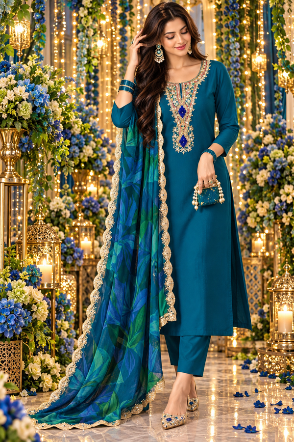 Bollywood désigner salwar kameez bleu et vert taille xxl saree robe