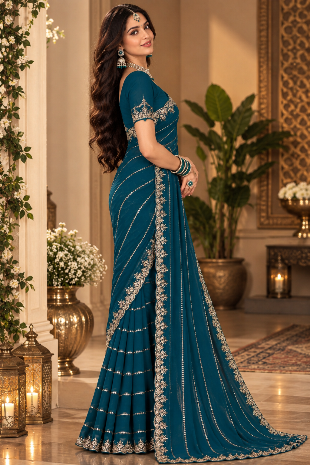 Bollywood désigner sari bleu vert brodé avec des sequins