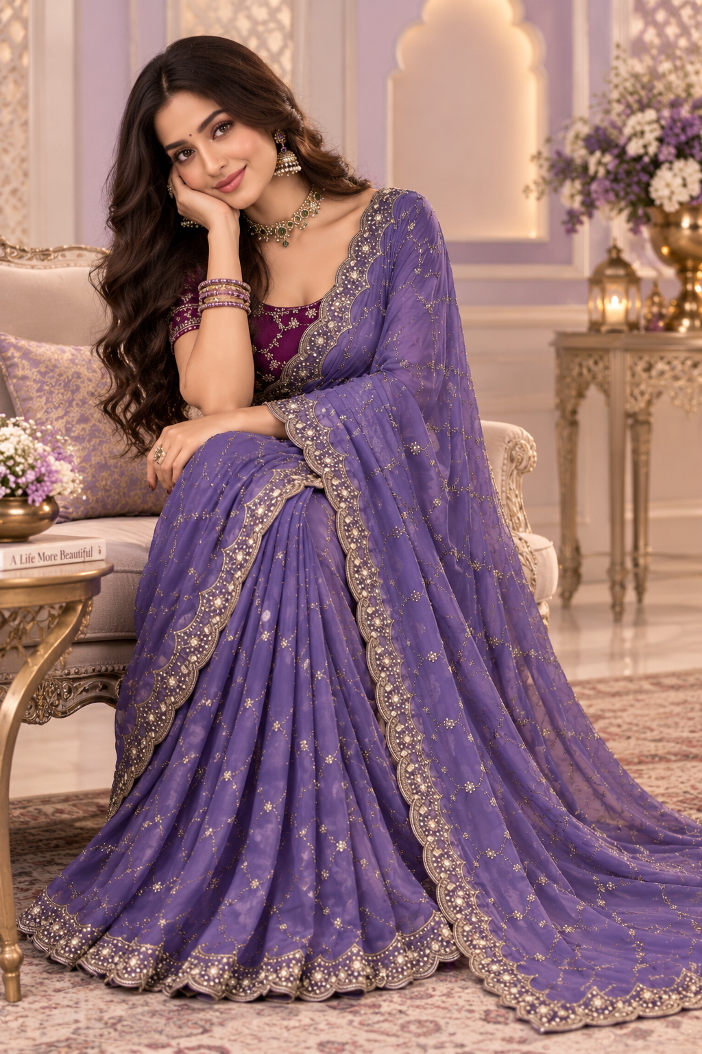 Bollywood désigner mariage sari violet georgette brodé avec sequins Image secondaire du produit