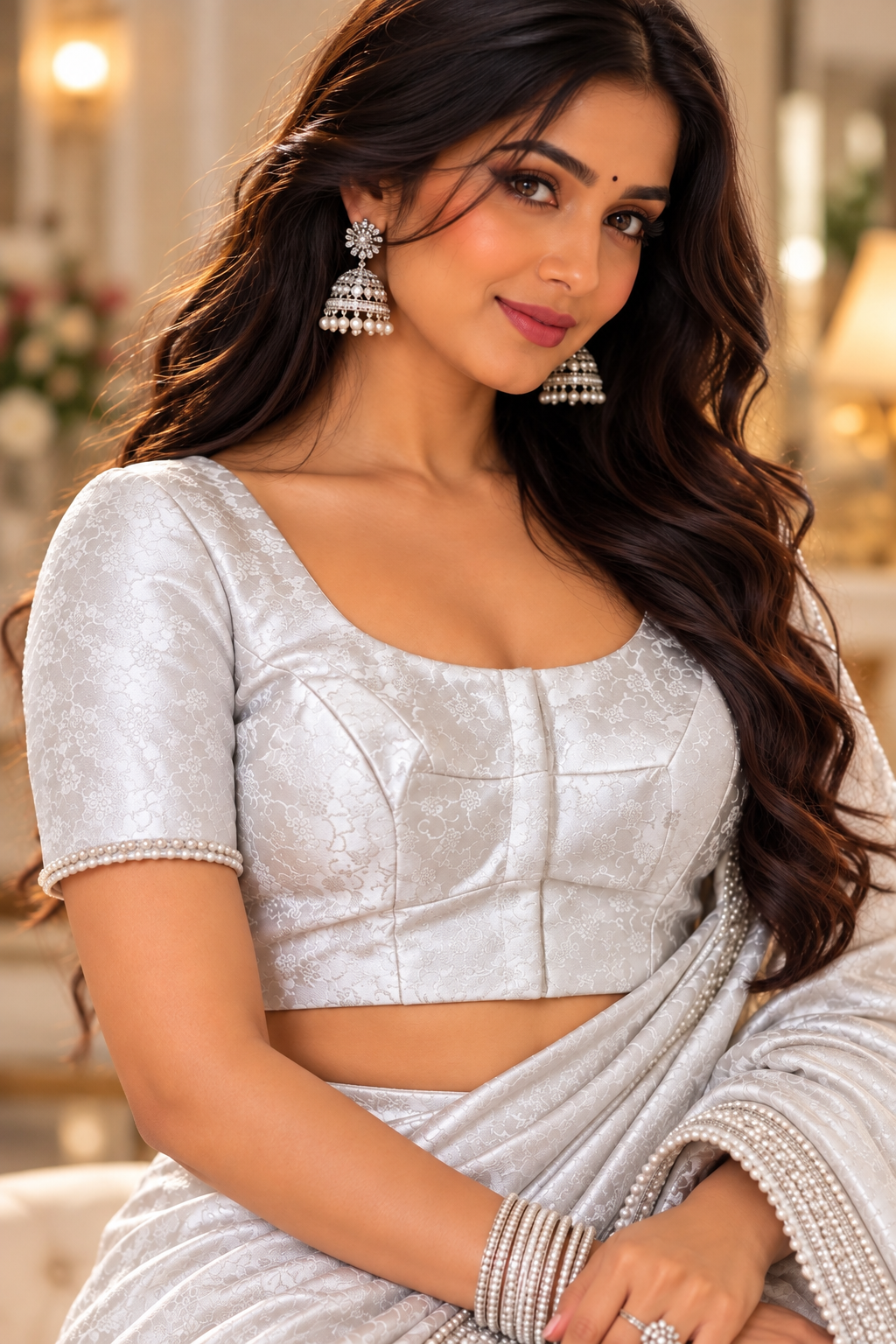 Indian désigner sari blouse blanc argenté taille 40