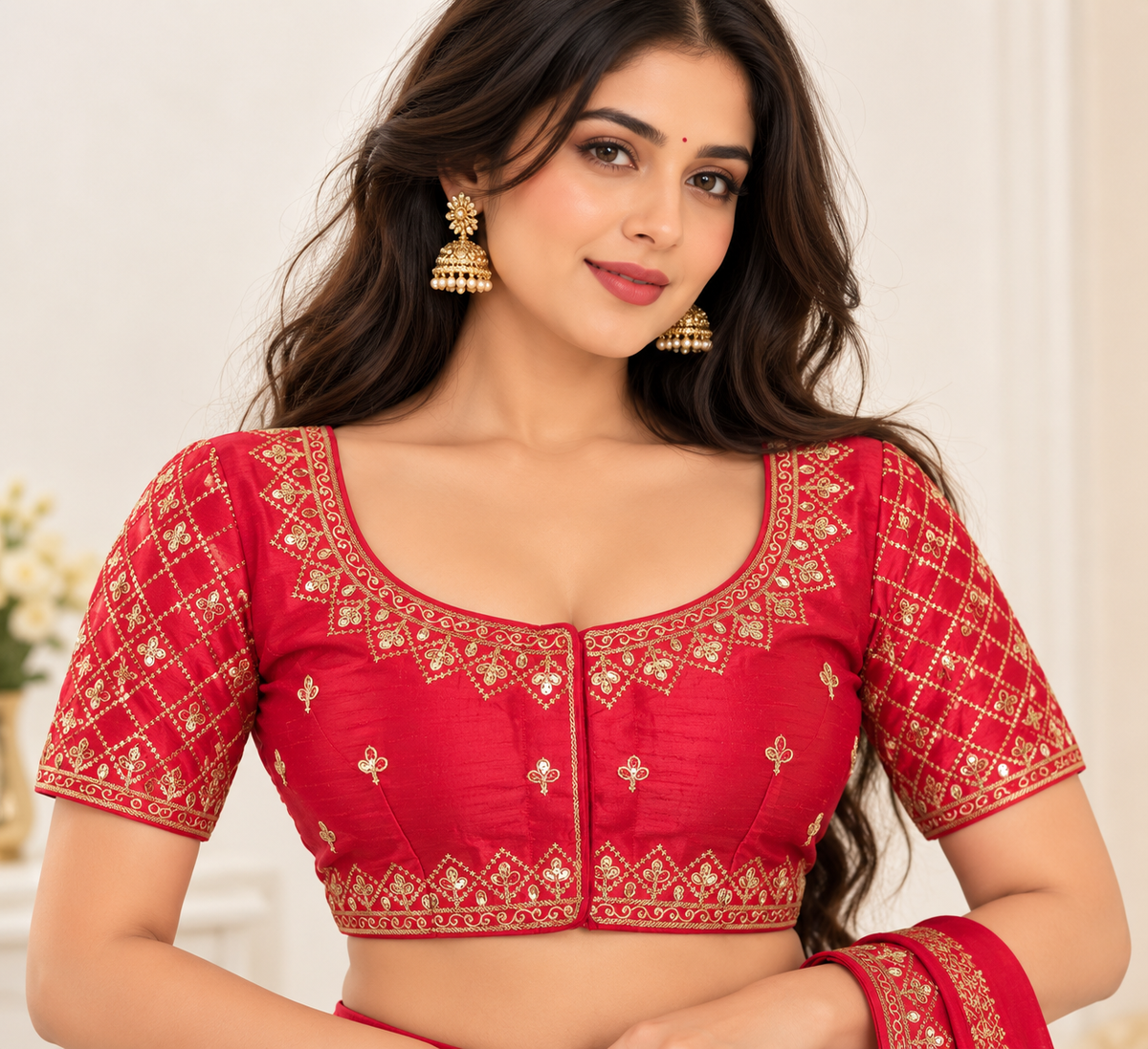 Indian désigner sari blouse rouge brodé taille 40