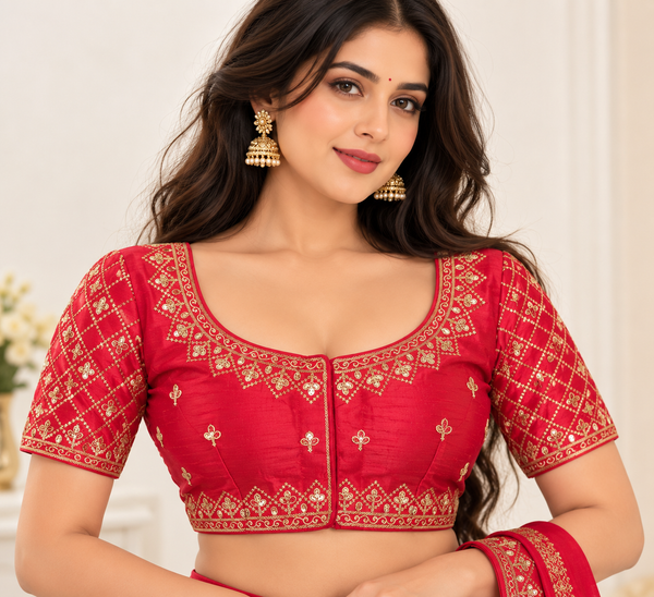Indian désigner sari blouse rouge brodé taille 40