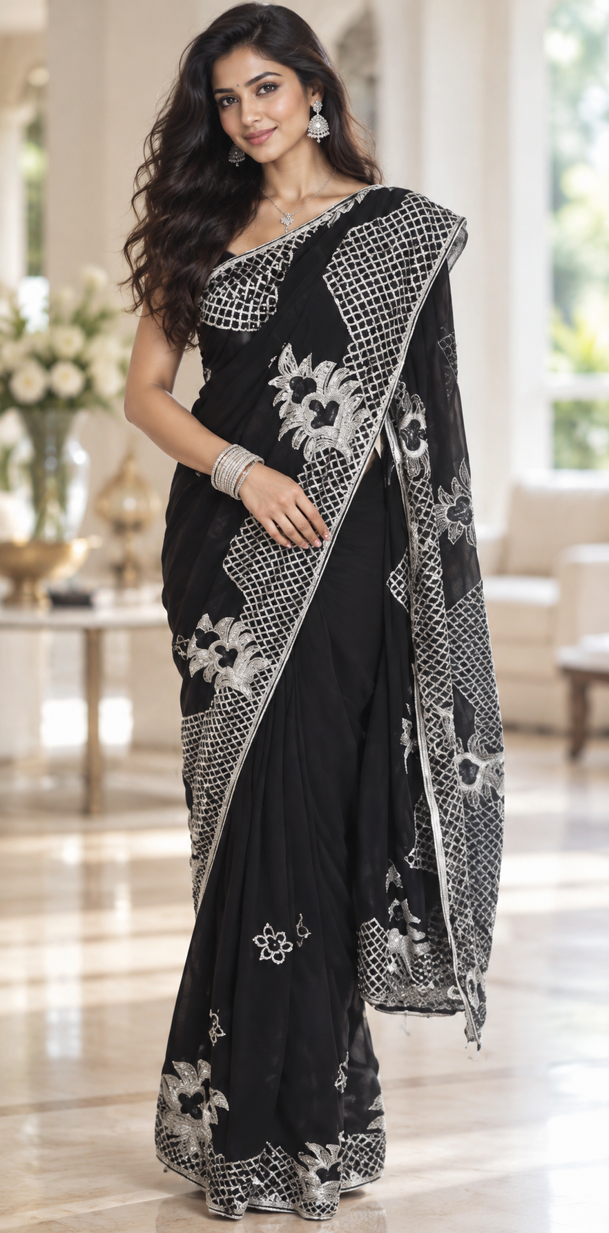 Indian sari noir et argenté sans blouse