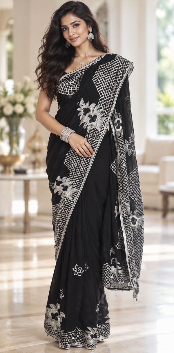 Indian sari noir et argenté sans blouse