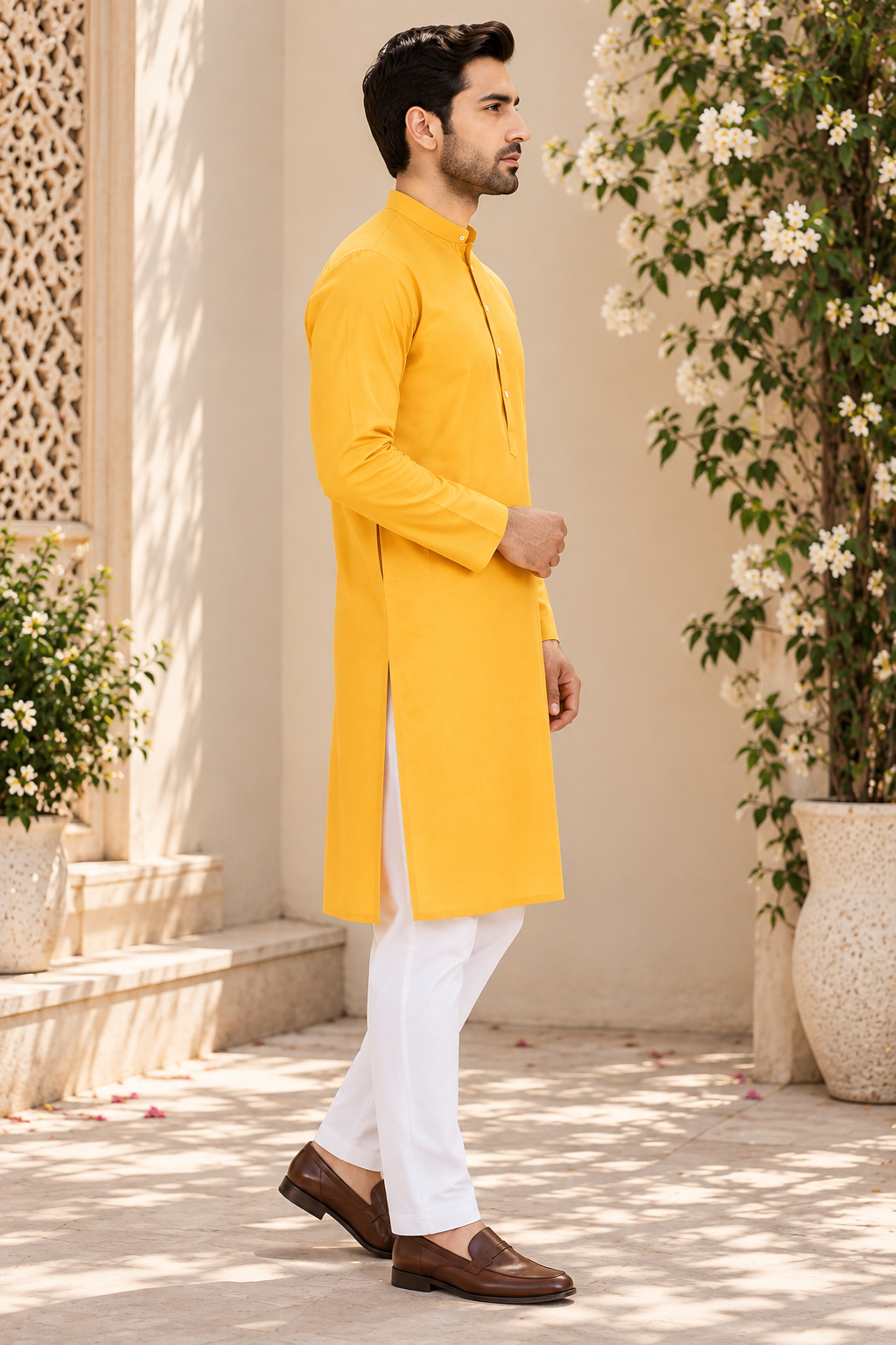 Kurta homme jaune et blanc coton taille XL Image secondaire du produit