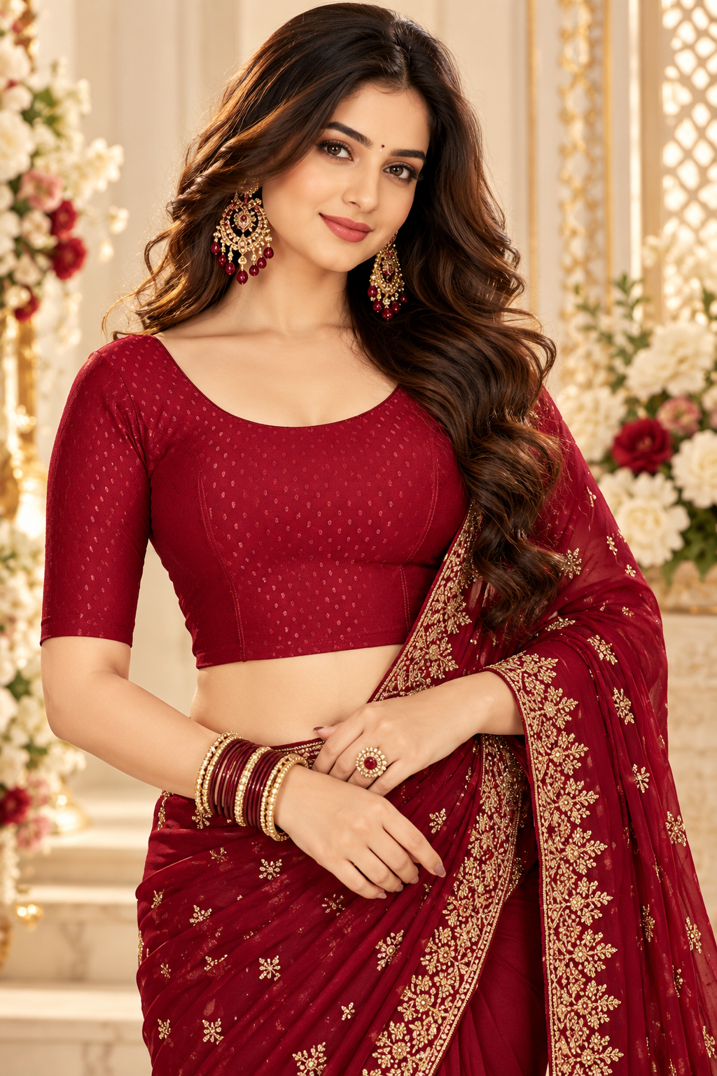 Indian sari blouse bordeaux taille 40/44 élasthanne Main image