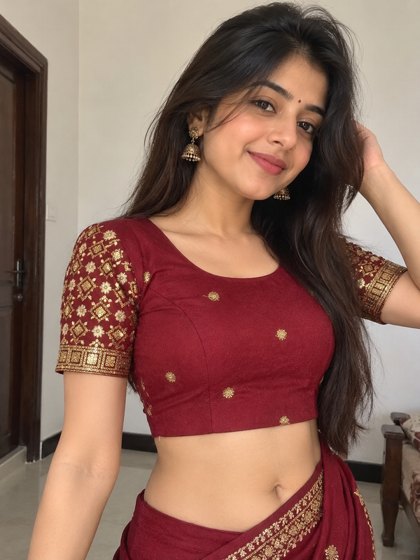 Indian sari blouse rouge bordeaux brodé taille 38/40