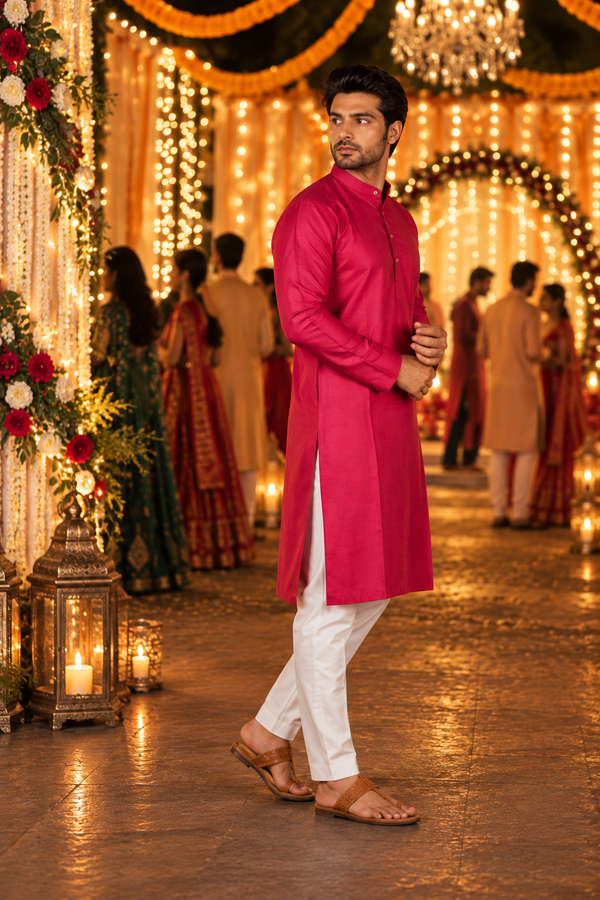 Indian kurta homme rose fuchsia et blanc