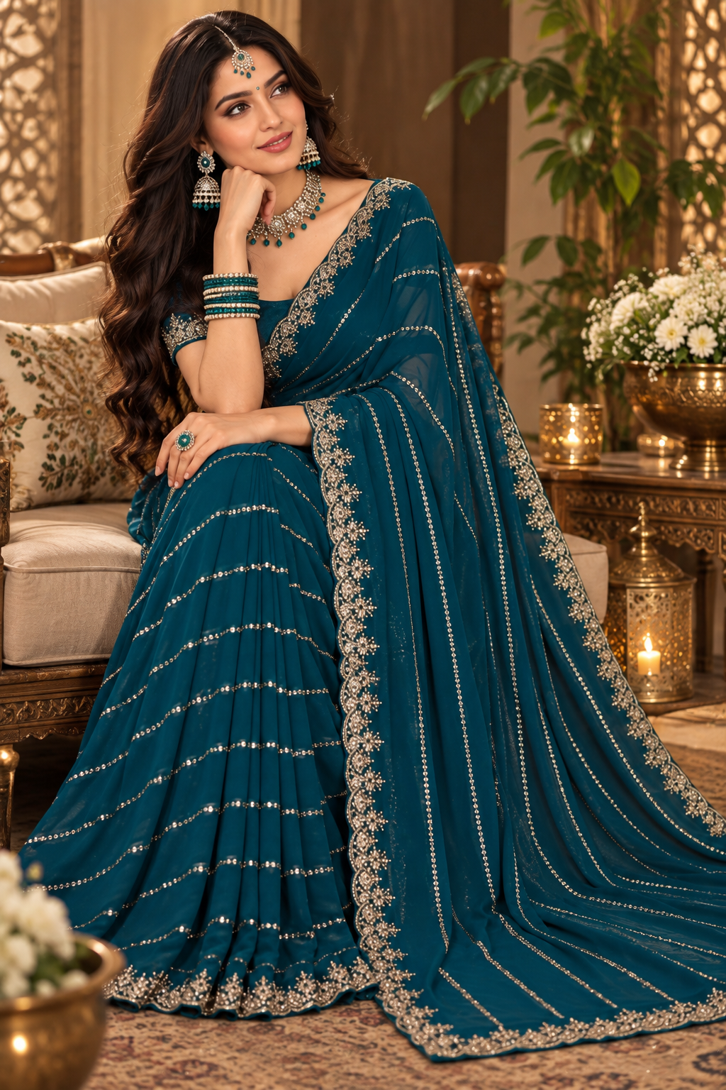 Bollywood désigner sari bleu vert brodé avec des sequins