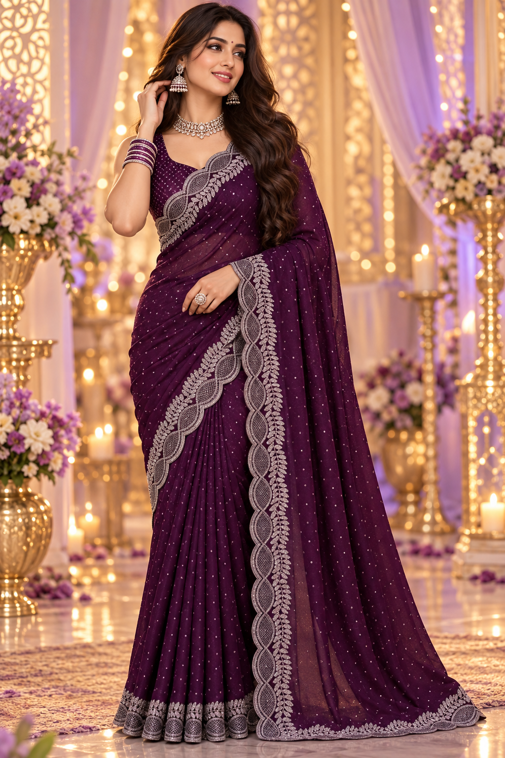 Bollywood désigner sari violet georgette brodé avec des pierres argenté