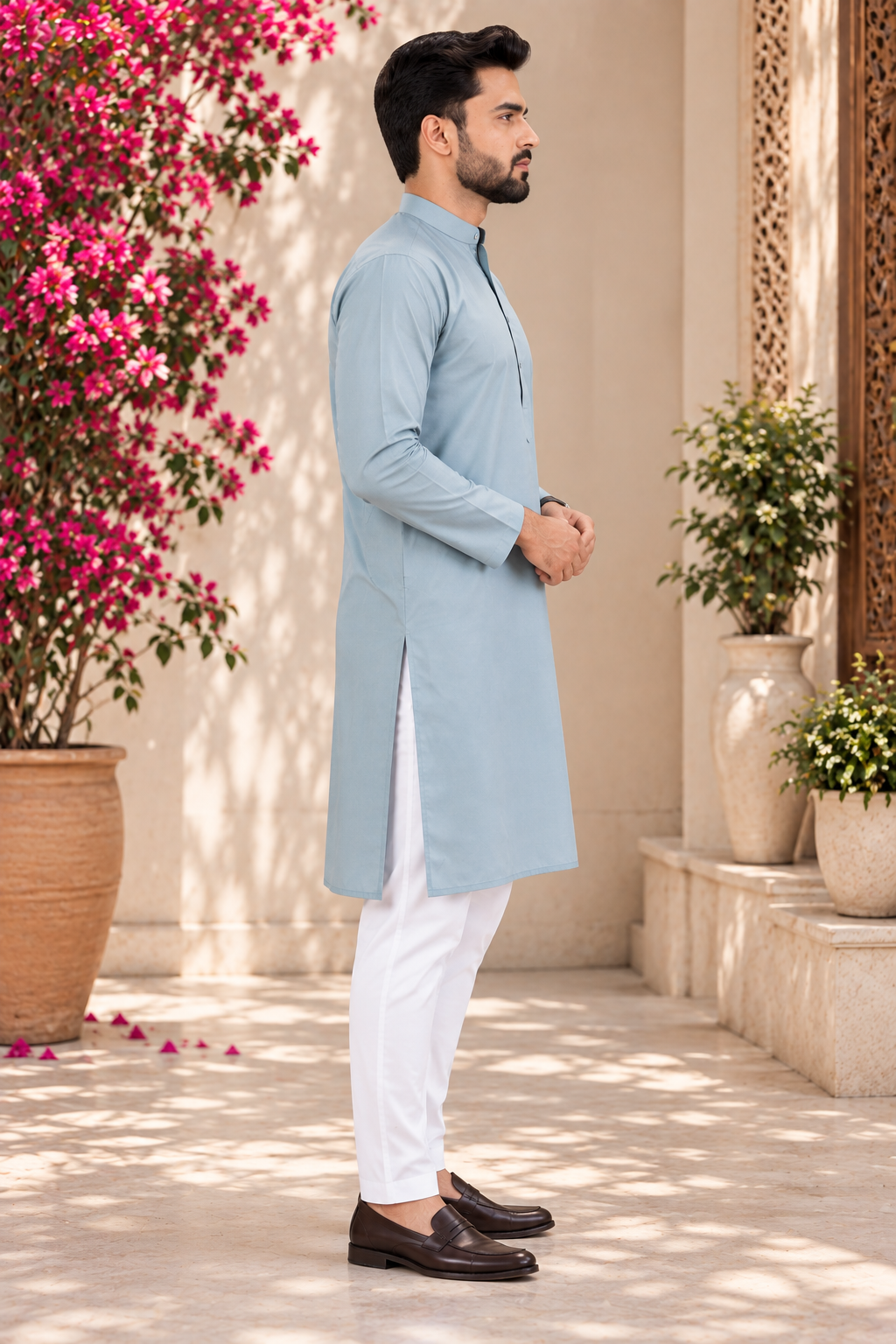 Indian kurta homme bleu gris et blanc taille XL