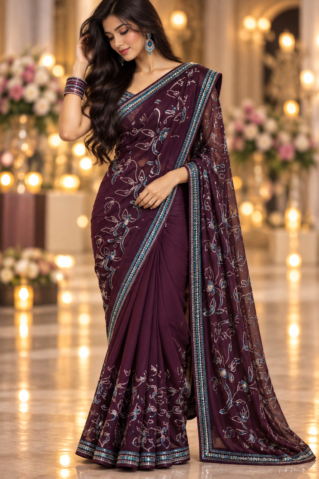 Indian sari bordeaux et bleu sans blouse Image principale du produit