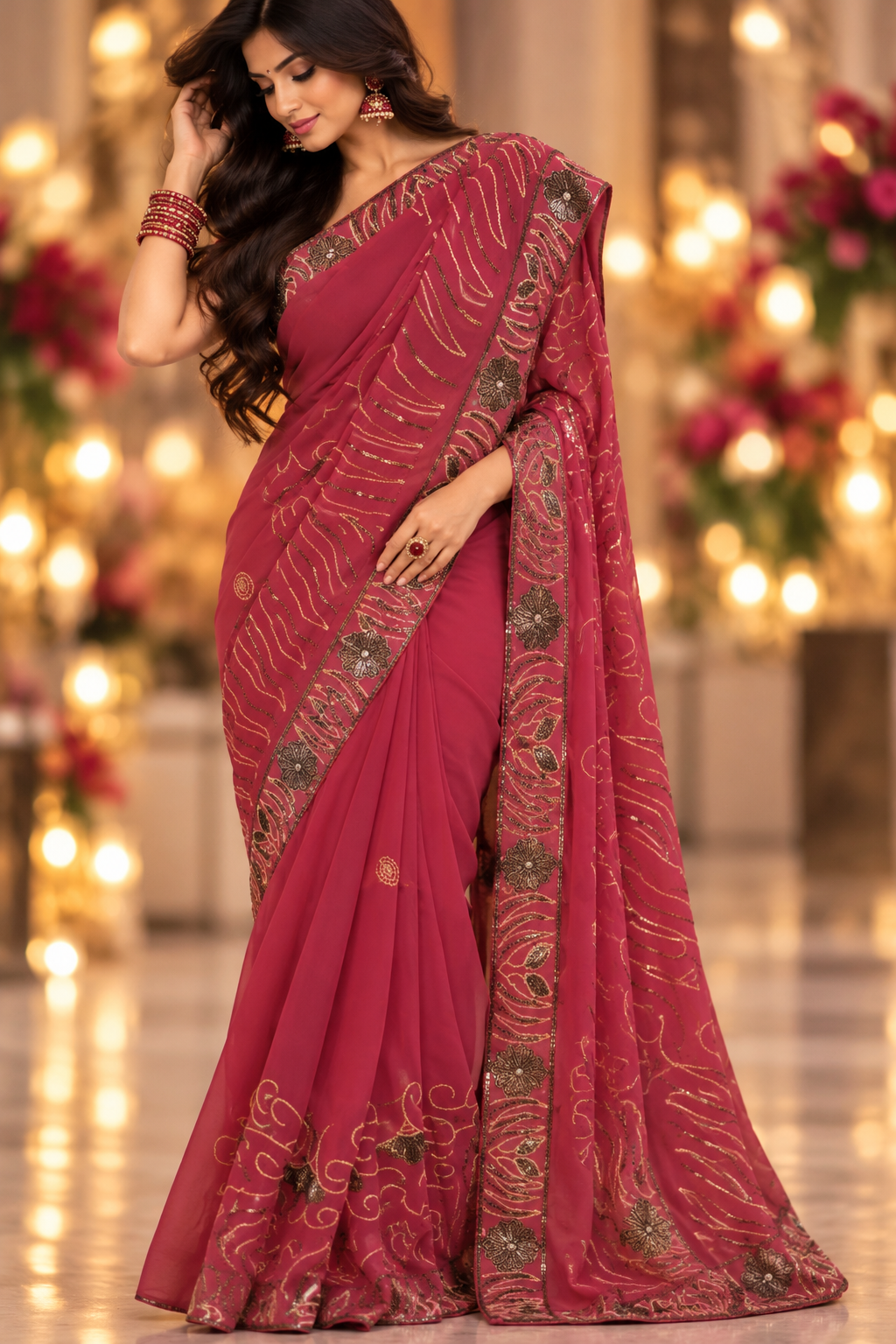 Indian sari roge bordeaux brodé sans blouse
