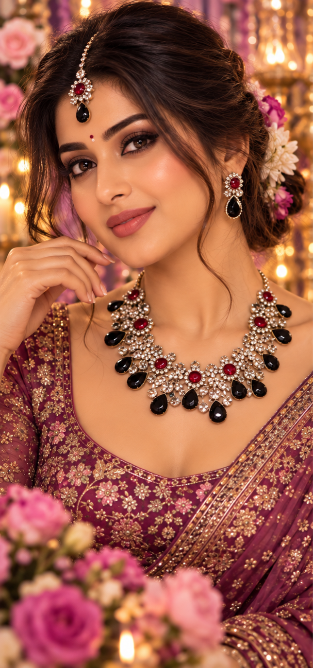 Bollywood désigner mariage sari parure rouge et noir 3 pièces