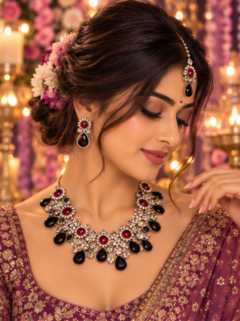 Bollywood désigner mariage sari parure rouge et noir 3 pièces Image principale du produit