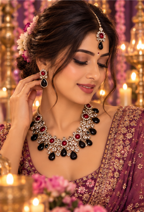 Bollywood désigner mariage sari parure rouge et noir 3 pièces
