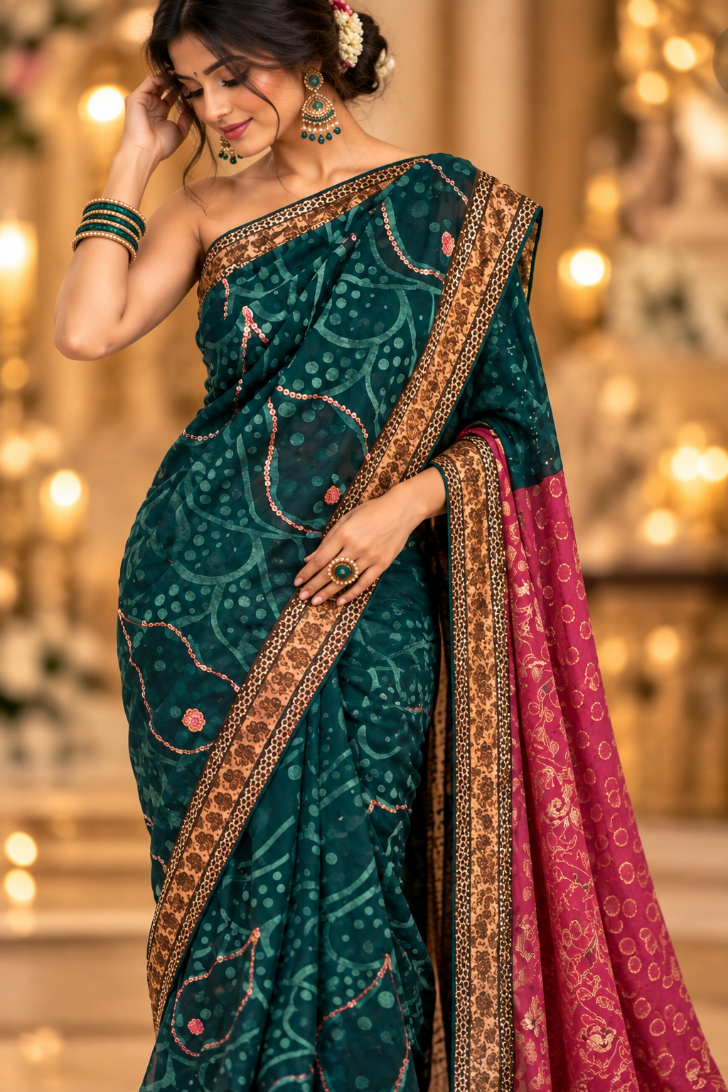 Indian sari vert et rose sans blouse Image secondaire du produit