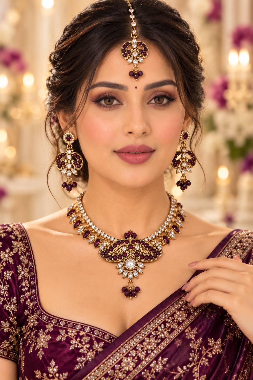Indian désigner necklace set violet et doré Image secondaire du produit