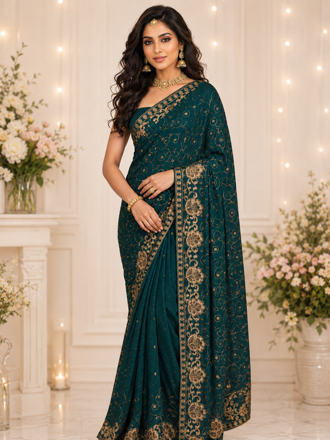 Bollywood désigner sari bleu vert sans blouse Image principale du produit