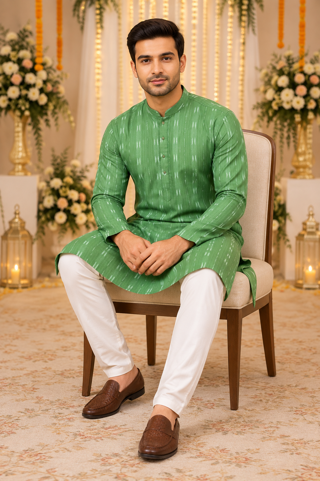 Indian kurta homme vert et blanc coton