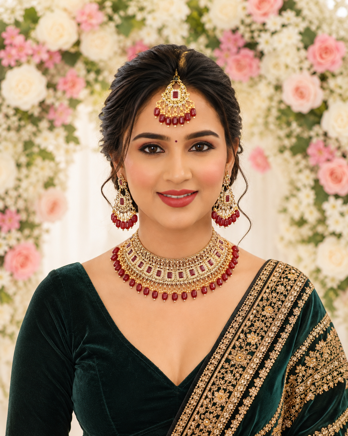 Bollywood désigner mariage sari parure rouge 3 pièces Image principale du produit