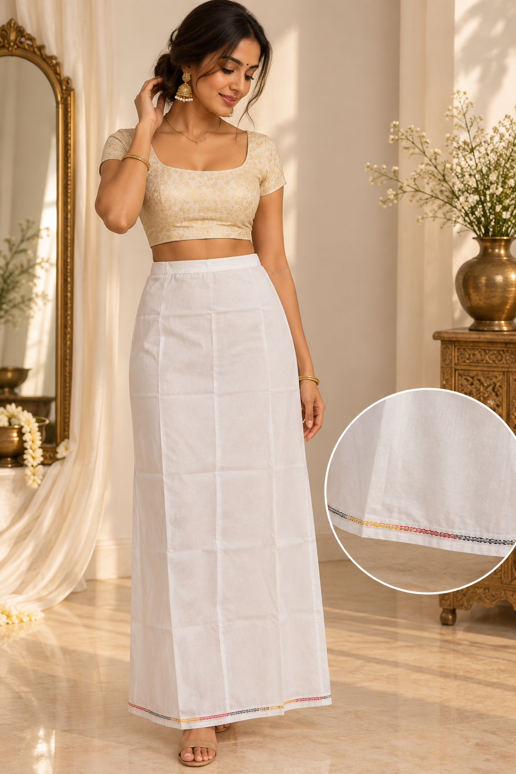 Bollywood désigner sari jupon blanc brodé coton taille 34/44 Image principale du produit