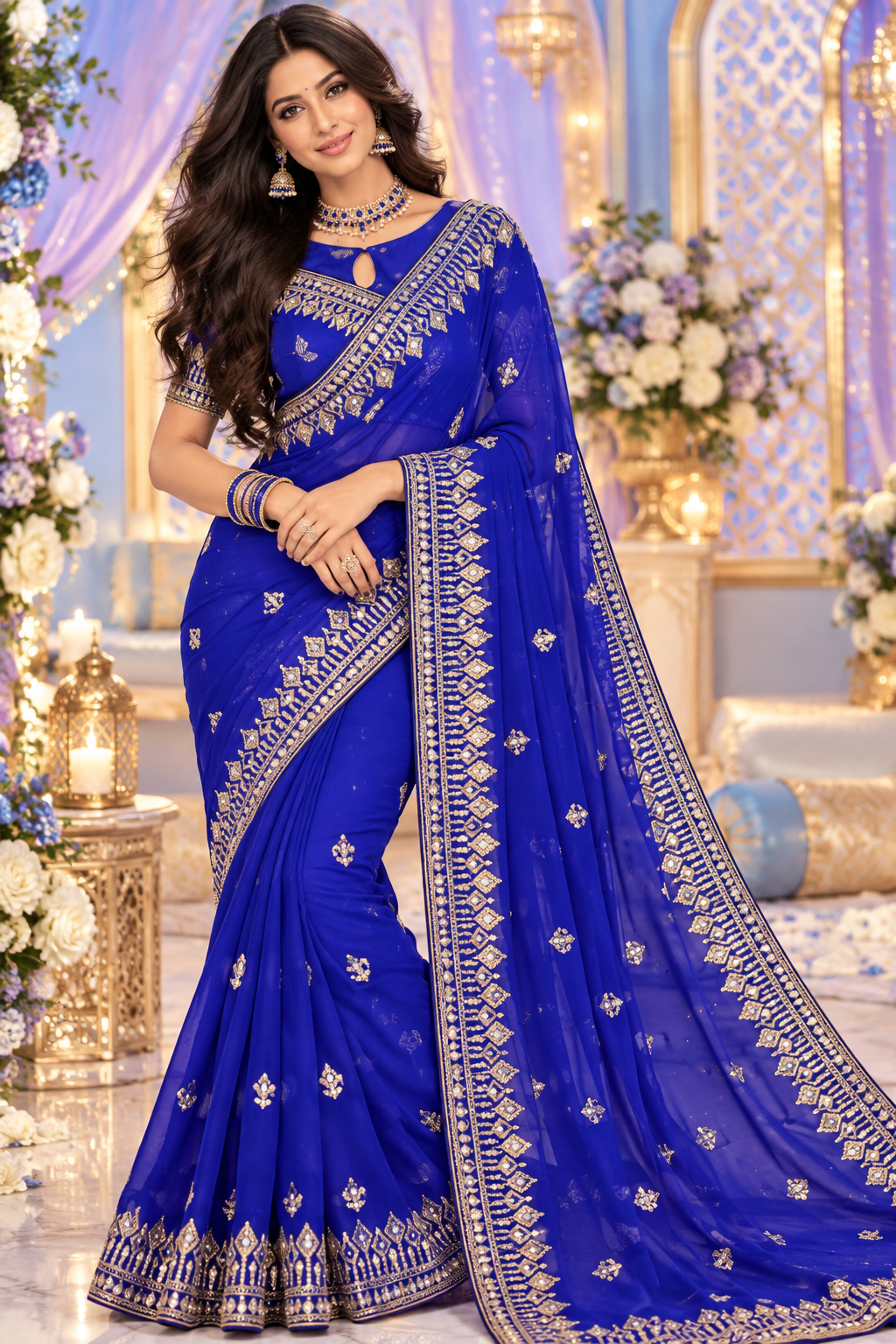 Bollywood designer blue georgette saree with sequins