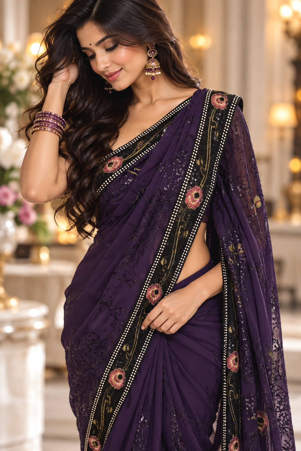 Indian sari violet et noir sans blouse
