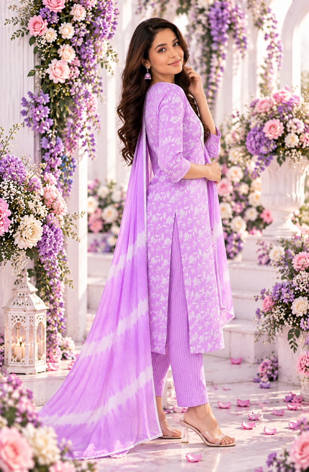 Bollywood désigner salwar kameez violet et blanc taille L coton