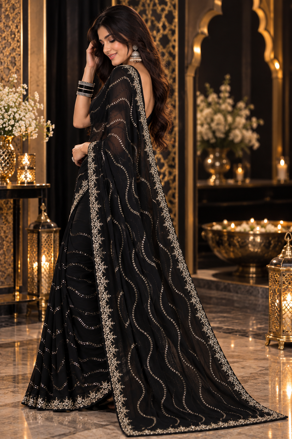 Bollywood désigner mariage sari noir avec des sequins