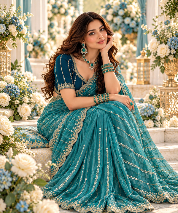 Indian désigner sari bleu vert avec sequins