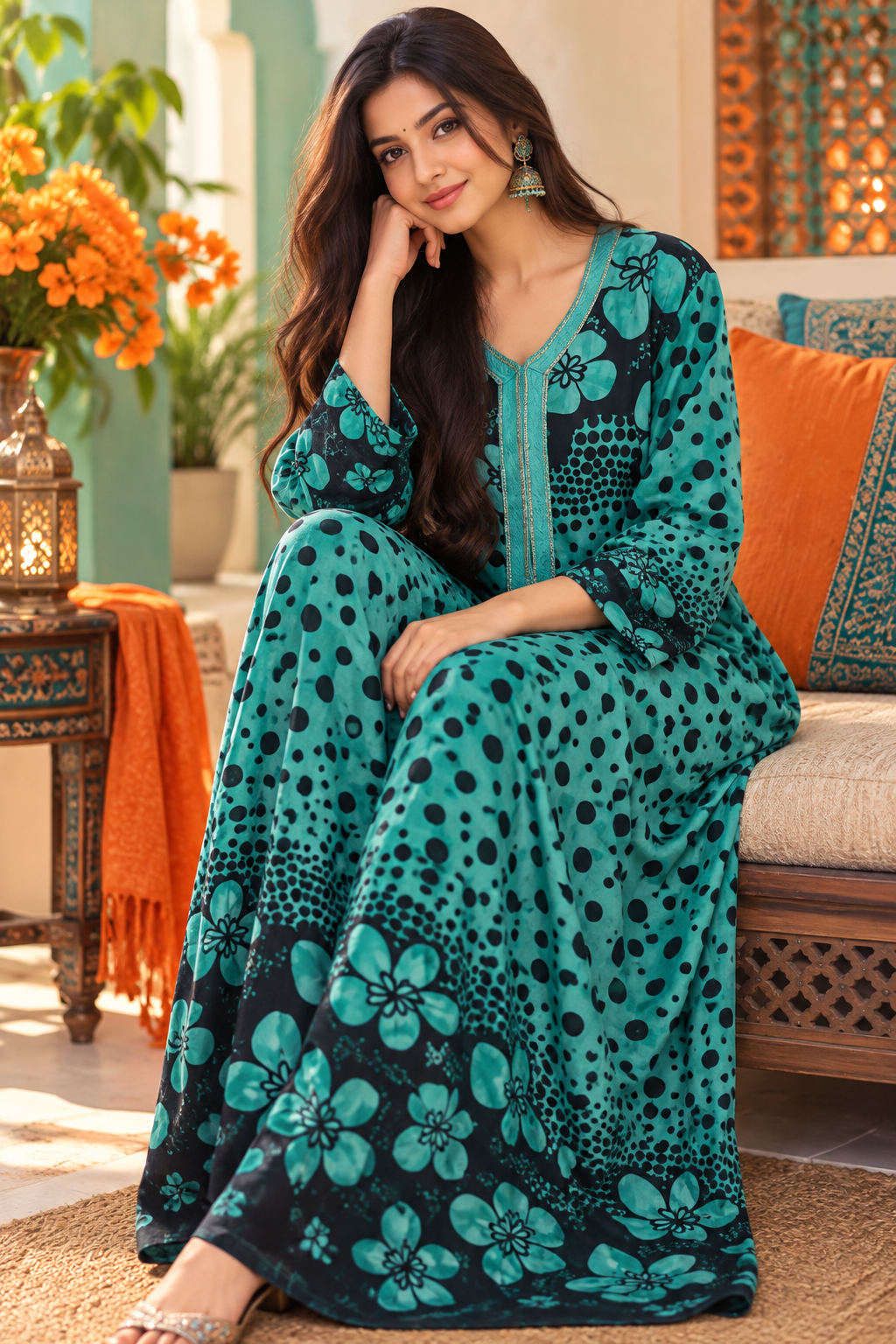 Bollywood désigner kaftan robe vert et noir taille L Image secondaire du produit