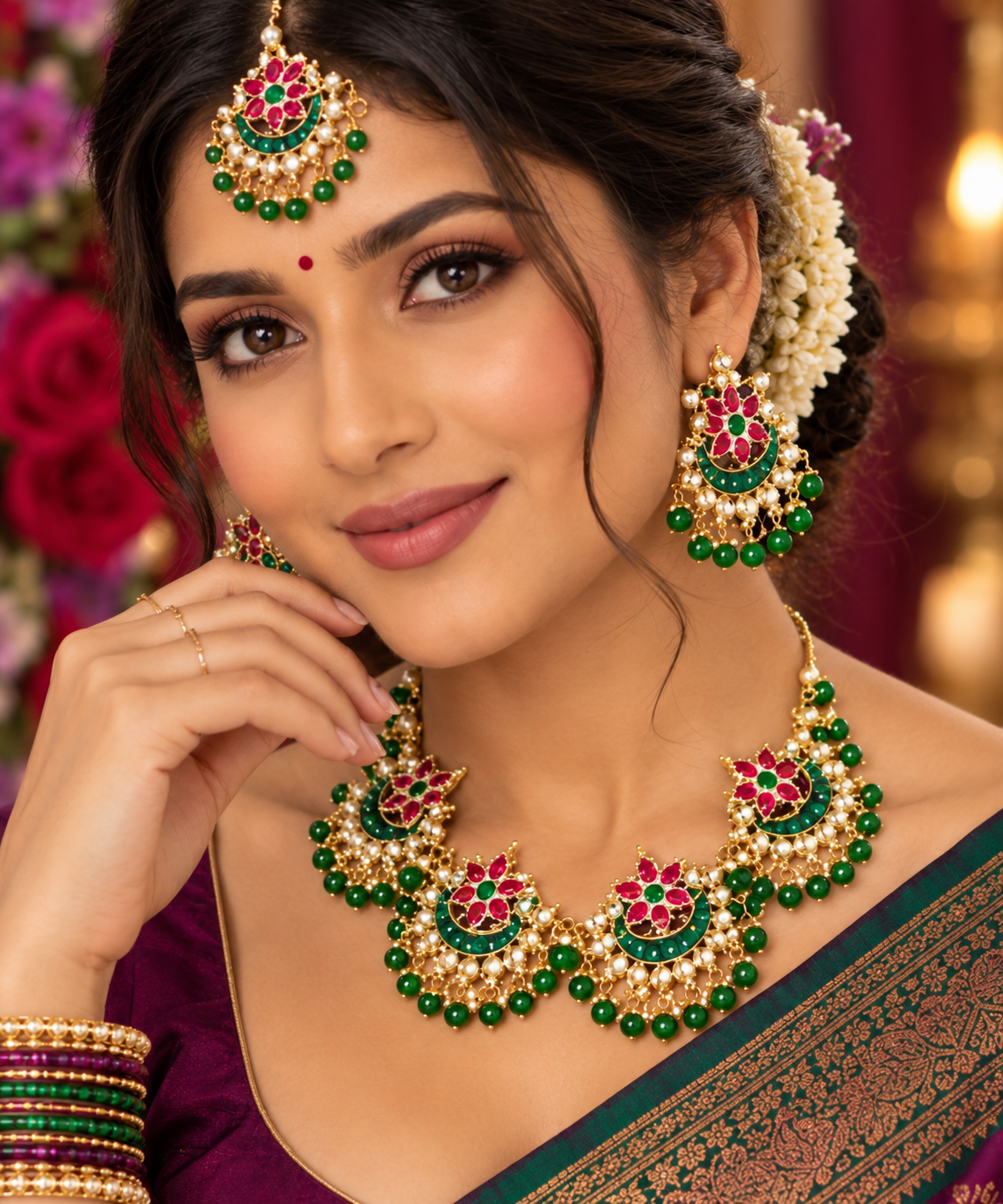 Bollywood désigner mariage sari parure vert et rose 3 pièces Image principale du produit