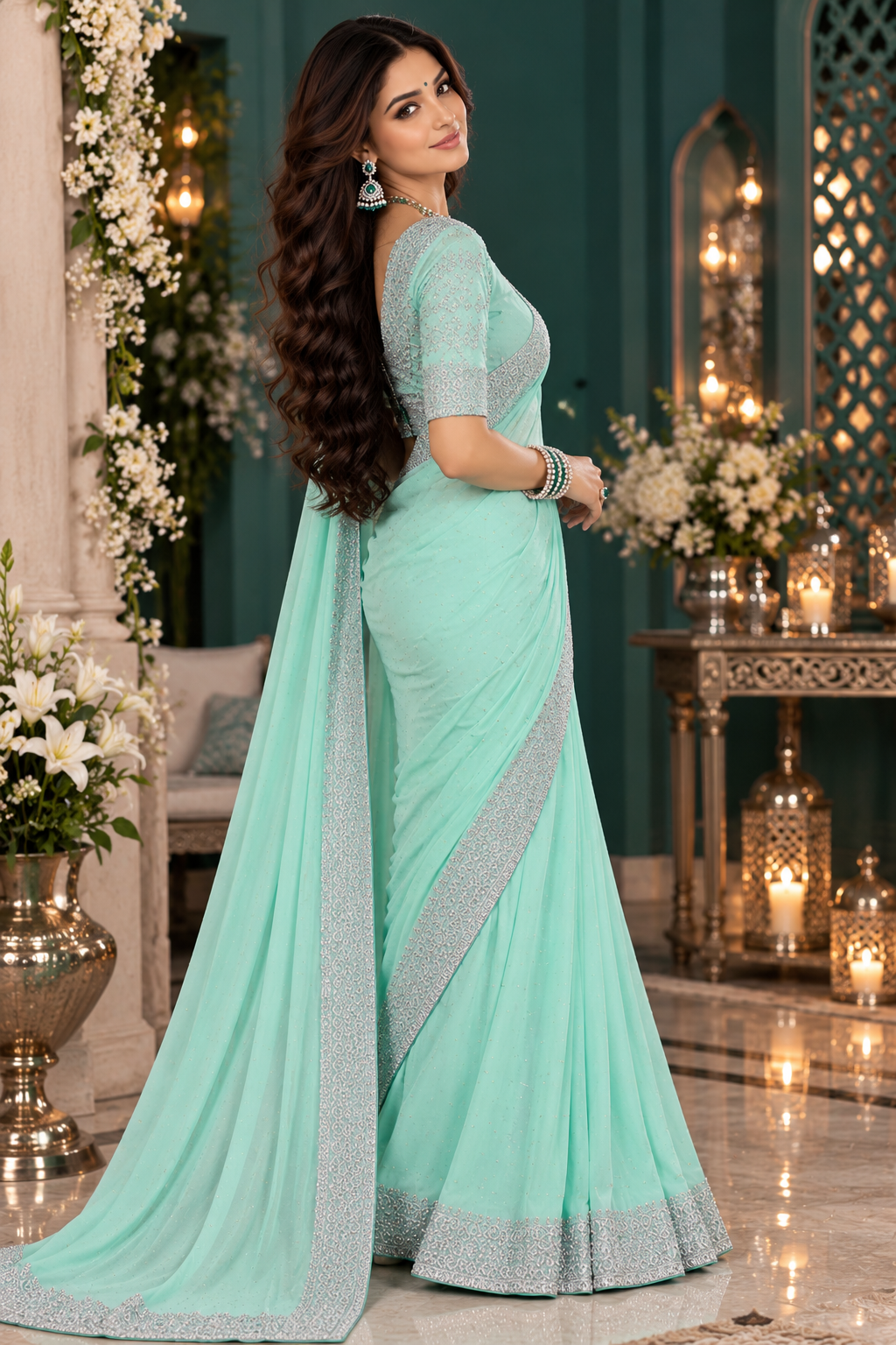 Bollywood désigner sari vert menthe pastel avec des pierres argenté