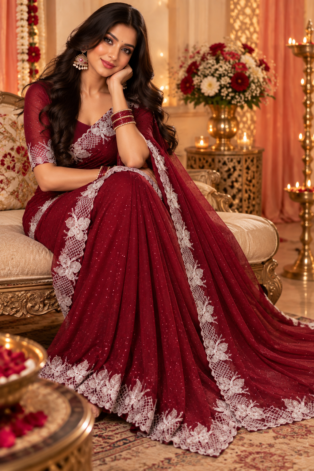 Bollywood designer burgundy sari with white stones