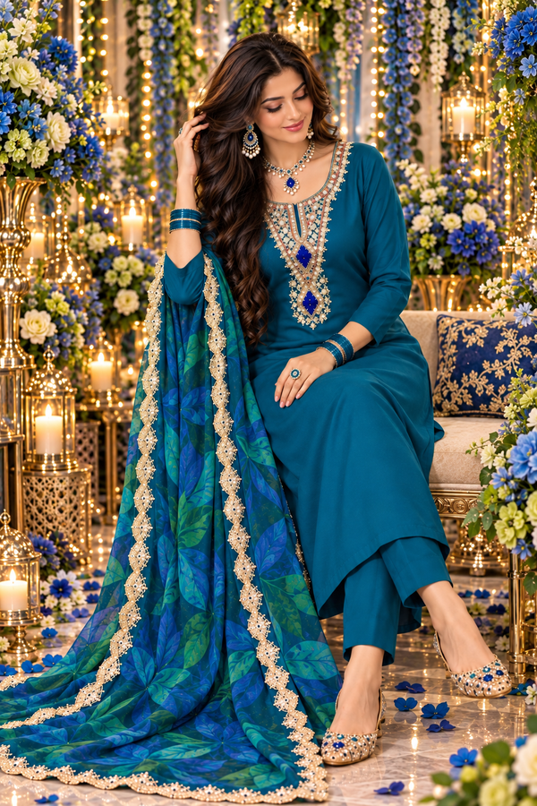 Bollywood désigner salwar kameez bleu et vert taille xxl saree robe