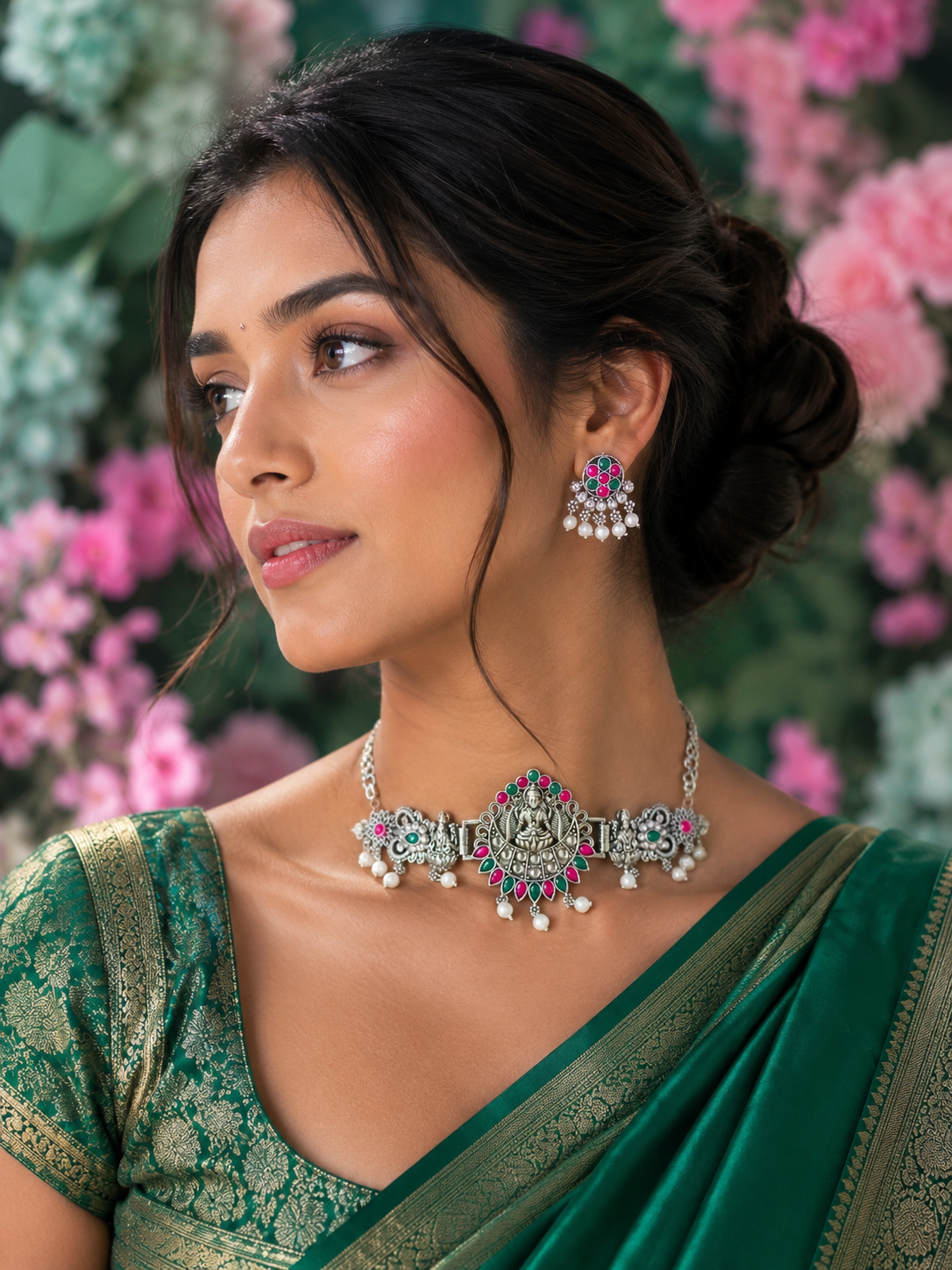 Bollywood designer sari necklace with silver loops