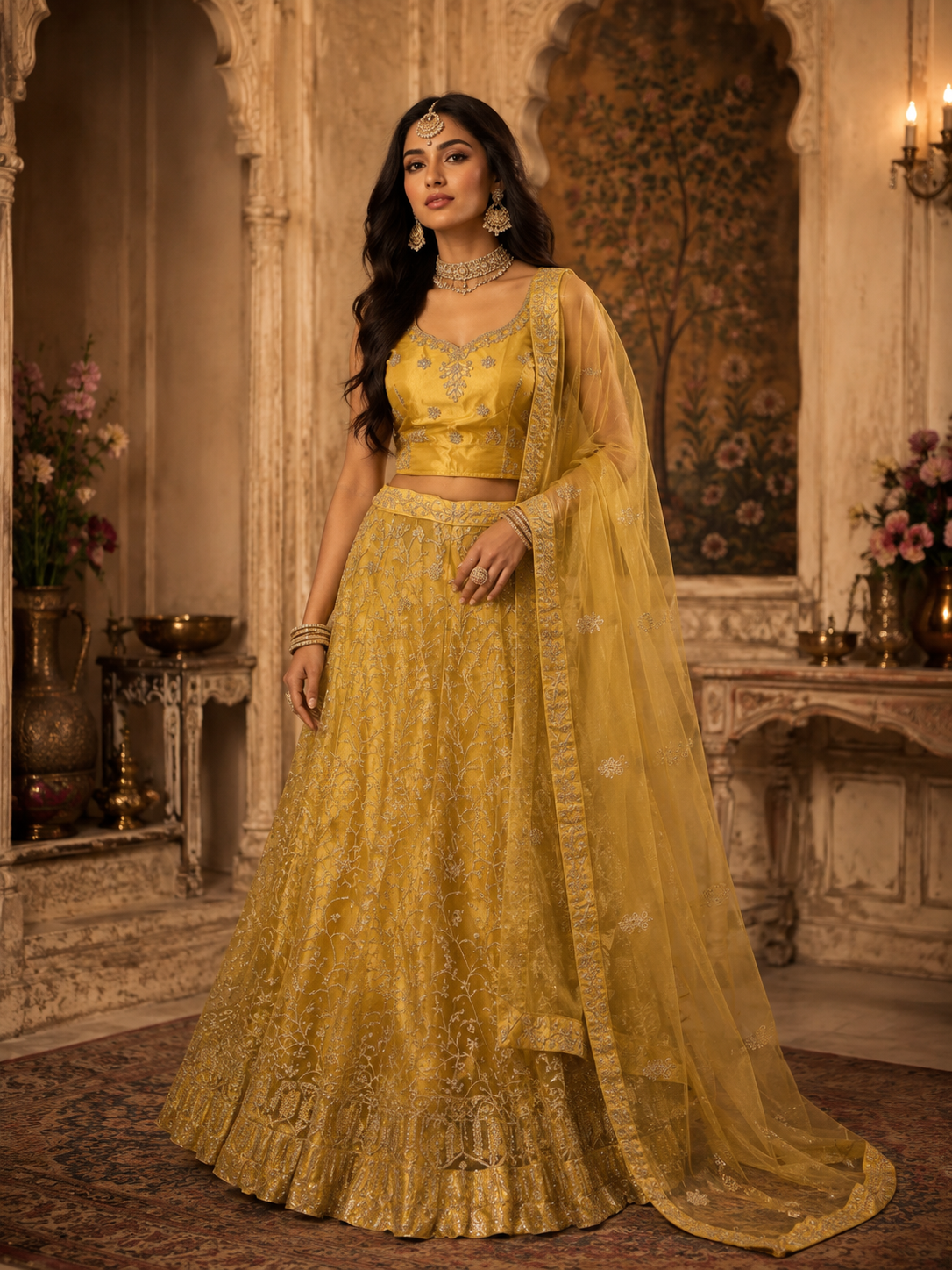Bollywood désigner mariage lehanga choli jaune 3 pièces