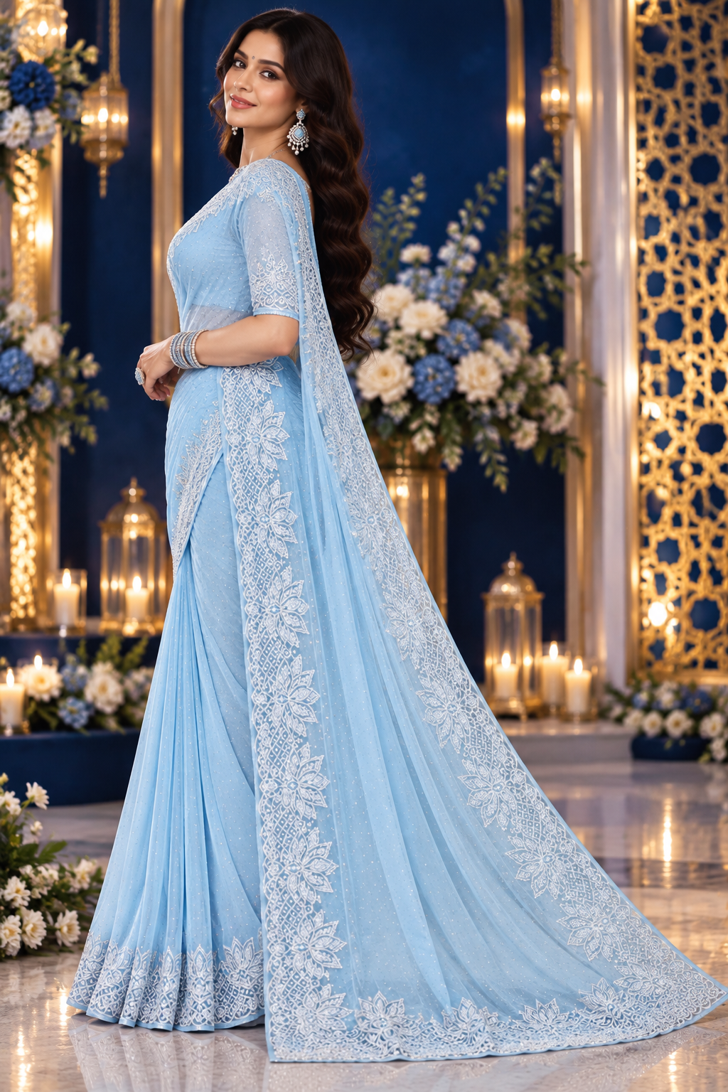 Bollywood désigner sari bleu clair avec des sequins georgette