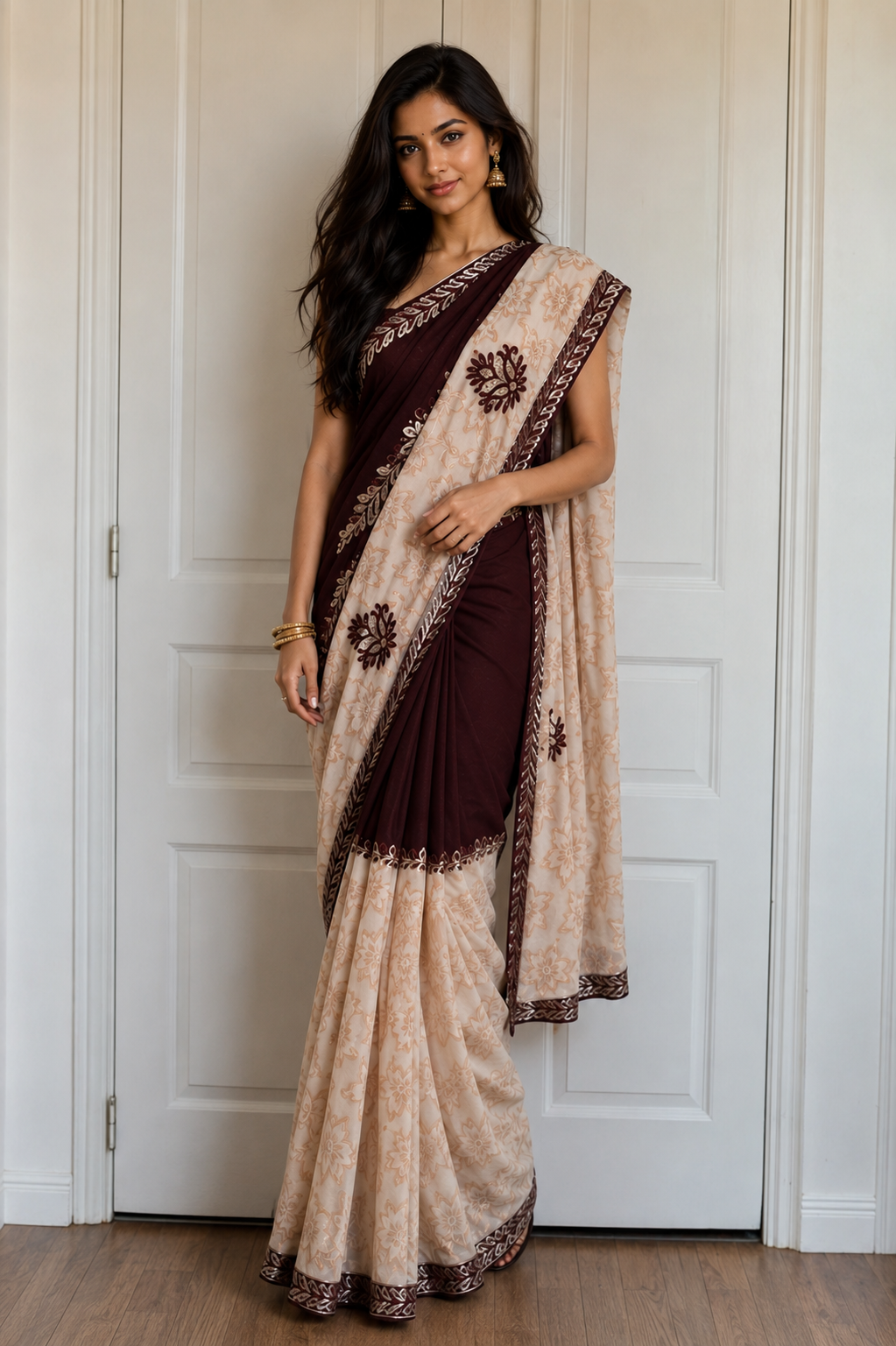 Bollywood désigner sari chocolat et beige sans blouse Image principale du produit